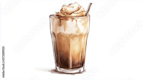 A drink in a glass, iced coffee with ice cream, illustrated in a watercolor style on a white background. A refreshing and creamy beverage.