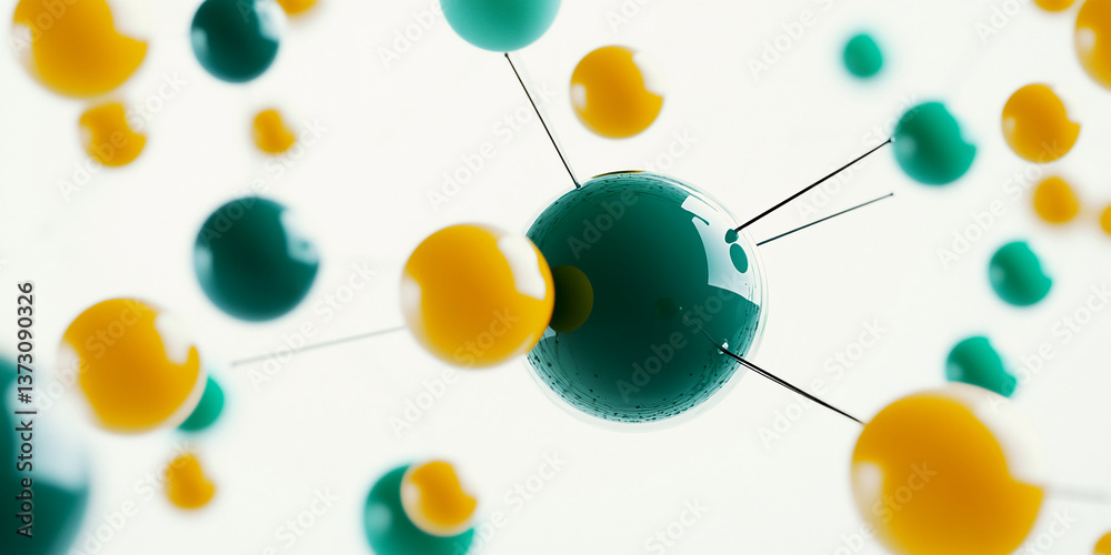 Obraz premium Abstract image of teal and yellow spheres connected by thin lines against a white background, representing connection, network, or molecular structure