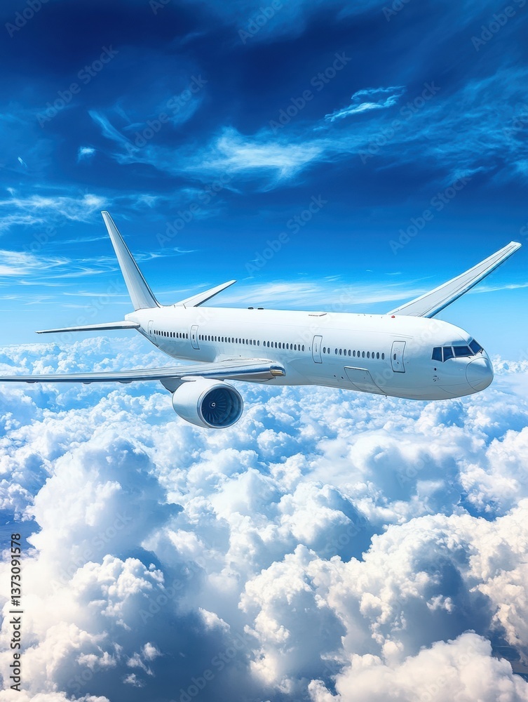 Obraz premium Commercial airplane soars through bright blue sky above fluffy white clouds for a modern travel experience