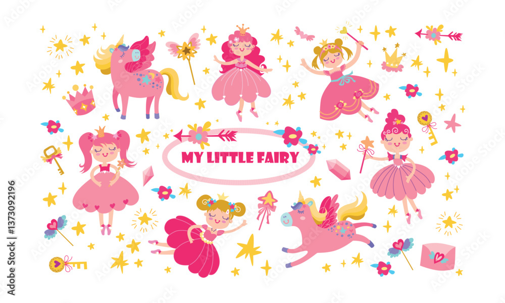 Fototapeta premium Cartoon set cute fairy with pink unicorn in a skirt. illustrations flat collection, isolated design elements. Vector illustration.