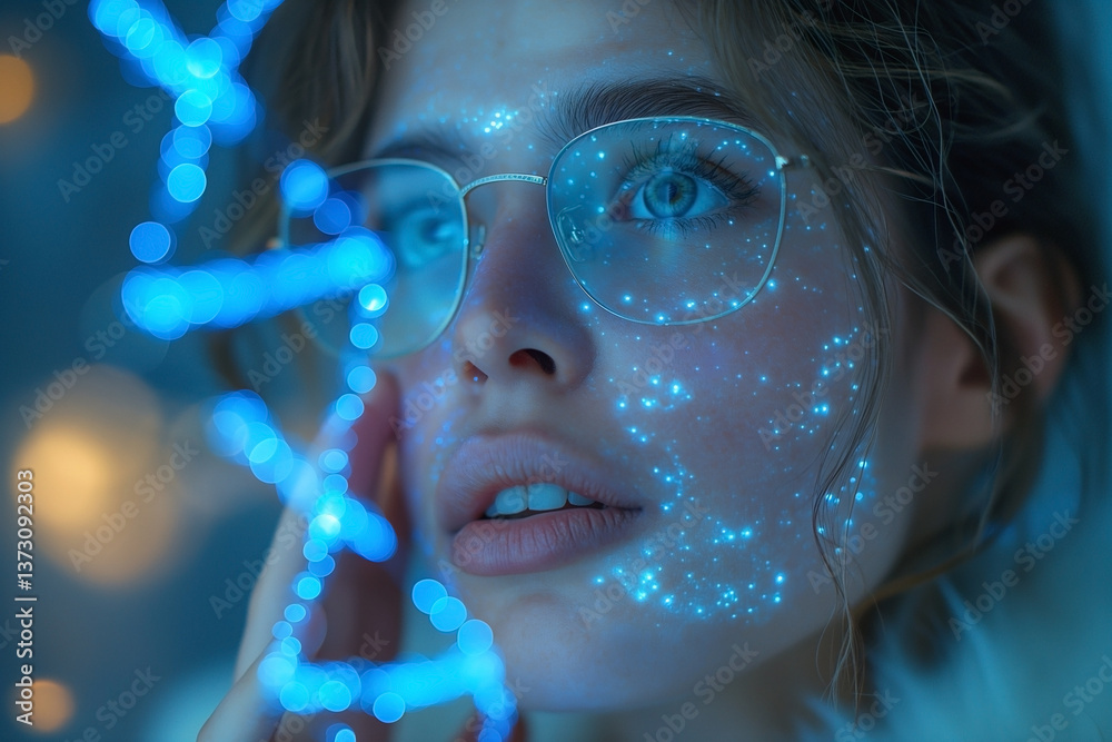 A young Caucasian woman with glasses and sparkly blue face art gazes thoughtfully, illuminated by soft blue lights. A young Caucasian woman with glasses and sparkly blue face art gazes thoughtfully, illuminated by soft blue lights.