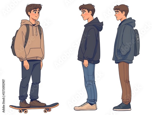 An illustrated youth in different poses wearing various hooded outfits