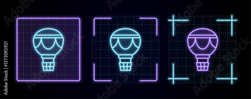 Hot air ballon illustration, cyber neon visual, glowing border grid vector.