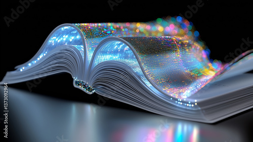 Futuristic glowing digital book with vibrant holographic pages, illuminated data flow, concept of artificial intelligence, technology, and innovation.