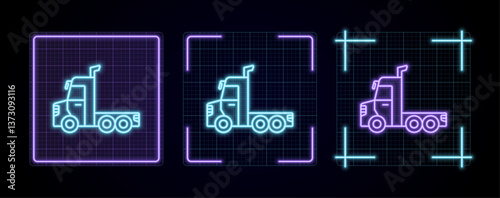 Truck illustration, cyber neon visual, glowing border grid vector.