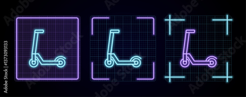Kick Scooter illustration, cyber neon visual, glowing border grid vector.