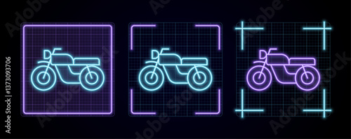 Motorcycle illustration, cyber neon visual, glowing border grid vector.