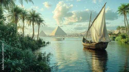 Serene Nile River with Pyramids and Sailboat