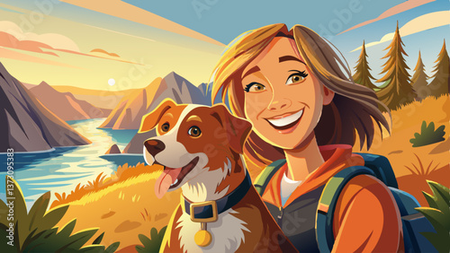 woman with radiant smile embracing life hiking mountain trail with loyal dog companion breathtaking sea view backdrop golden morning light bathes scene in warmth and hope
