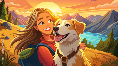 woman with radiant smile embracing life hiking mountain trail with loyal dog companion breathtaking sea view backdrop golden morning light bathes scene in warmth and hope