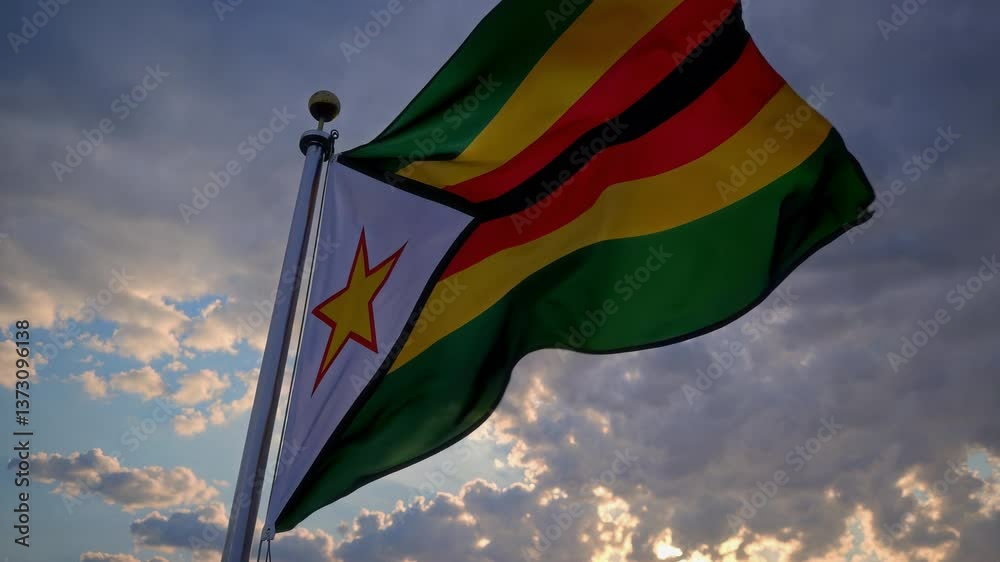 A vibrant Zimbabwe flag waving confidently and proudly amidst a beautifully colorful sky during a sunset