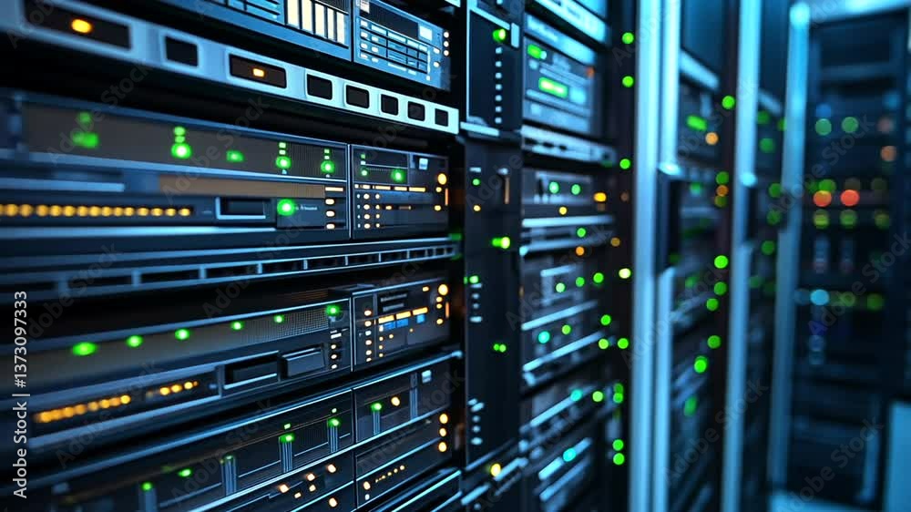 A close-up view of a modern data center with illuminated server racks, showcasing advanced technology and connectivity A close-up view of a modern data center with illuminated server racks, showcasing advanced technology and connectivity