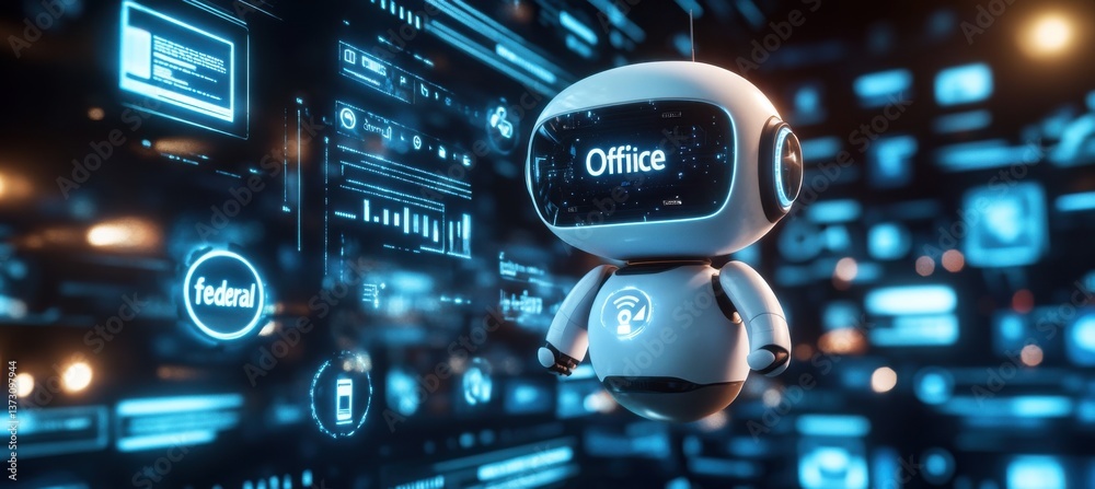 Obraz premium Futuristic Robot Floating Among Digital Interfaces in Virtual Space