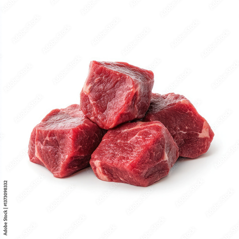 Rich red beef cubes, ready for a hearty stew, glistening under bright studio lights against a stark white backdrop. Rich red beef cubes, ready for a hearty stew, glistening under bright studio lights against a stark white backdrop.