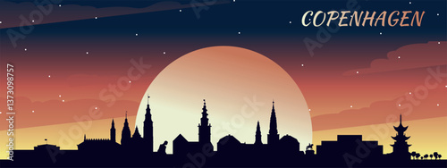 Photography Silhouette of the Copenhagen skyline against the sunset and starry sky