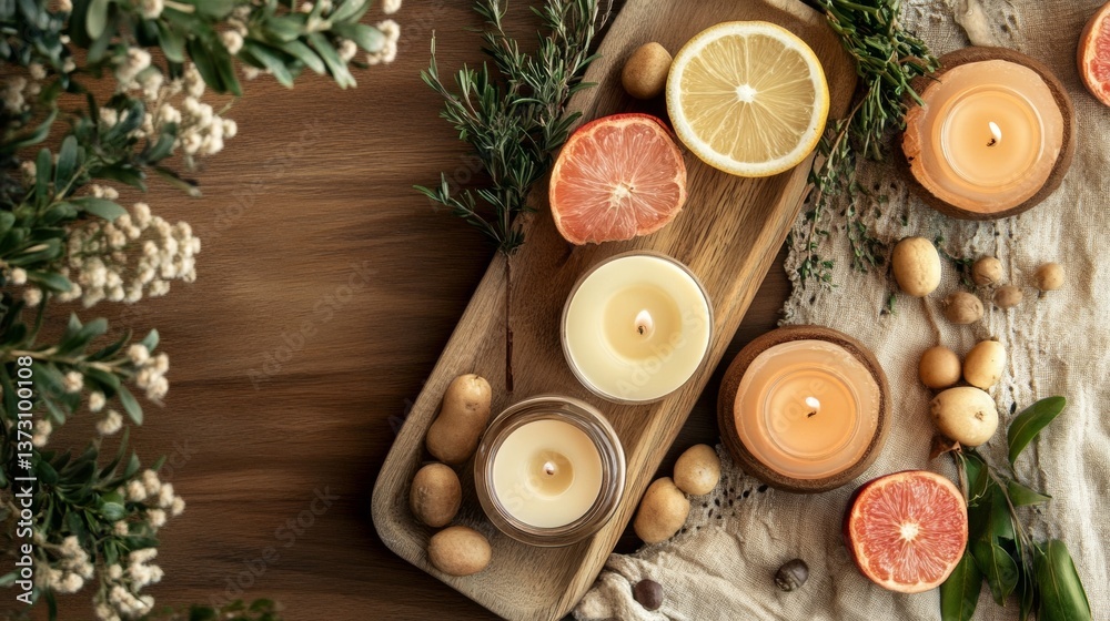 Cozy candle arrangement with citrus and herbs on wooden tray Cozy candle arrangement with citrus and herbs on wooden tray