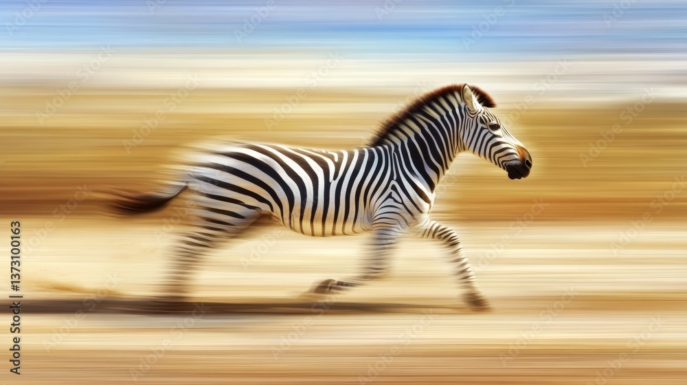 Fototapeta premium Running Zebra in Motion Blurring Background with Beautiful Colors of Nature Captures the Wild Spirit and Grace of This Majestic Animal in Its Natural Habitat