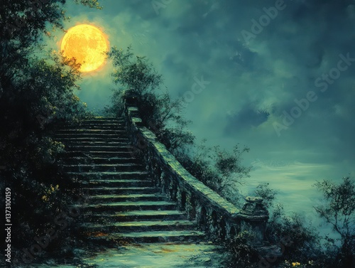 Moonlit stone stairs ascend towards a mystical night scene.