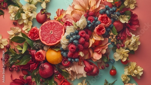 Colorful fruit and floral flat lay on vibrant background
