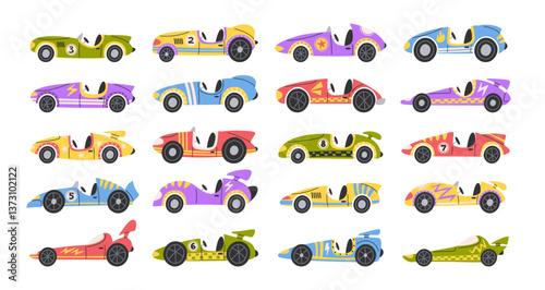 Cute racing cars colorful high-speed driving automobiles childish hand drawn set isolated on white