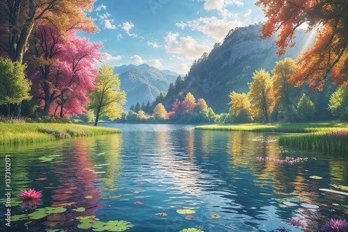 Breathtaking Summer Landscape with Sparkling Lake and Vibrant Nature Scenery