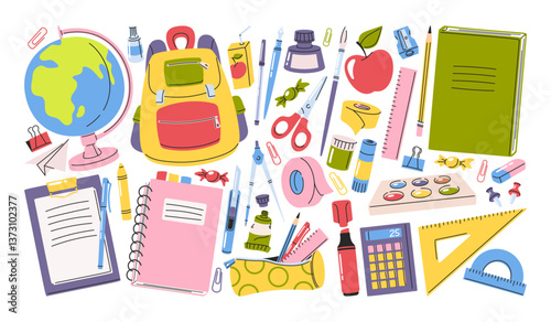School accessories, education workplace supplies and knowledge items doodle hand drawn set