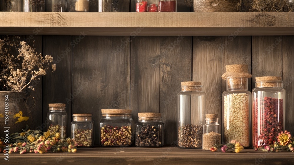 Organized pantry shelf with glass jars of grains and spices