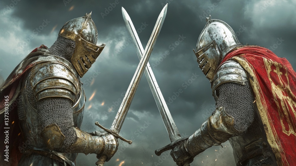 Fototapeta premium Two medieval knights in armor crossing swords in battle