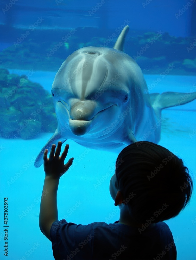 Fototapeta premium Child interacting joyfully with dolphin at aquarium 