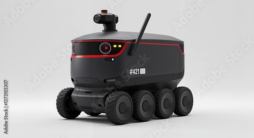 Advanced delivery robot with camera and sensors on a clean backdrop  