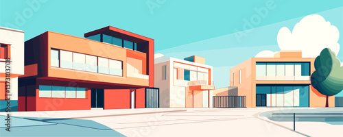 Modern residential buildings with minimalistic design and blue sky background, vector