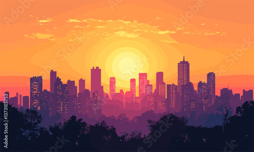 Vibrant sunset behind city skyline with glowing windows and silhouetted trees – vector