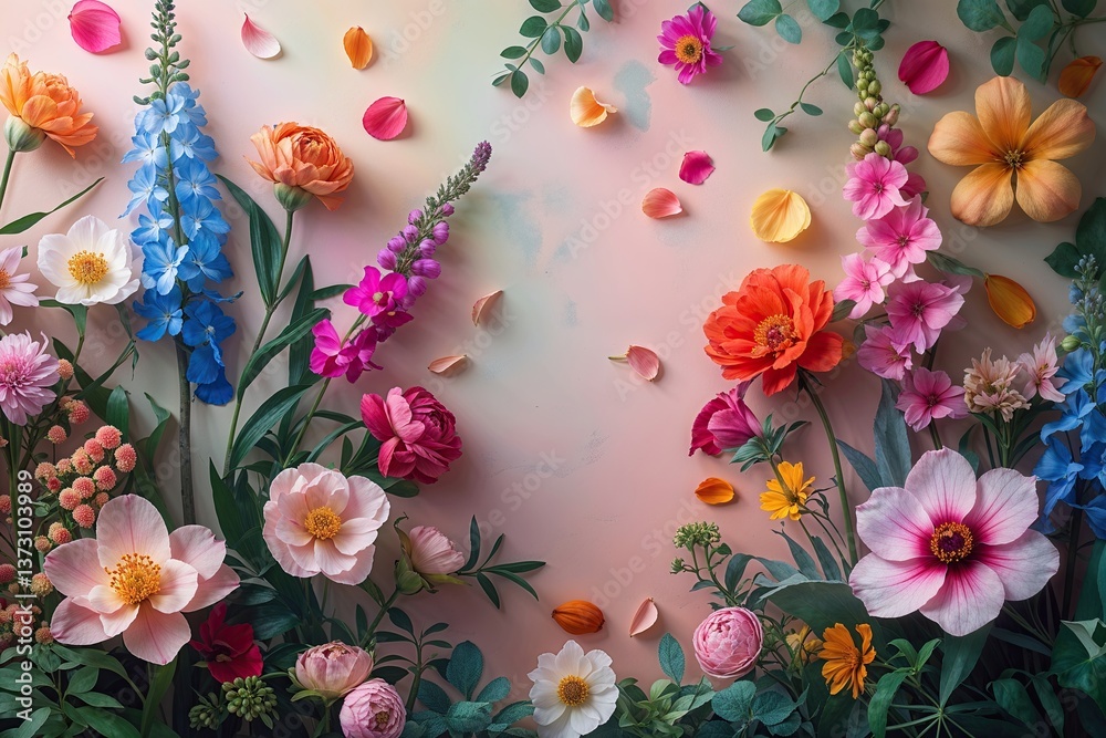 Enchanting Botanical Garden Aesthetic Featuring Vibrant Blooms and Petals Against Soft Pastel Background Enchanting Botanical Garden Aesthetic Featuring Vibrant Blooms and Petals Against Soft Pastel Background