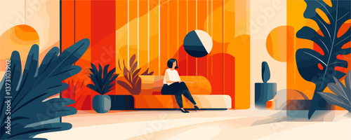 Modern minimalist interior with woman reading on couch in bright living room - vector