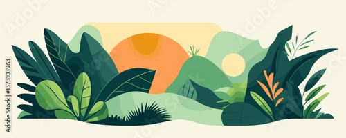 Sunrise over lush jungle landscape with greenery and two suns - vector