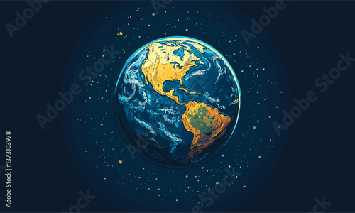Earth from space at night with stars and continents highlighted, globe vector
