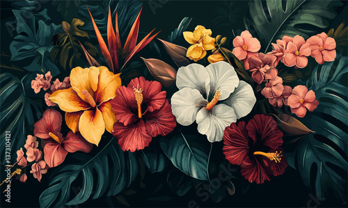 Tropical flowers and leaves with hibiscus and monstera - vector