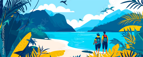 Hiking couple admiring tropical beach and mountain scenery – vector