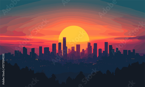Vibrant sunset over city skyline with bold horizon, silhouetted buildings, and dynamic sunset vector