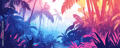 Tropical sunrise in lush jungle with colorful foliage and palm trees - vector