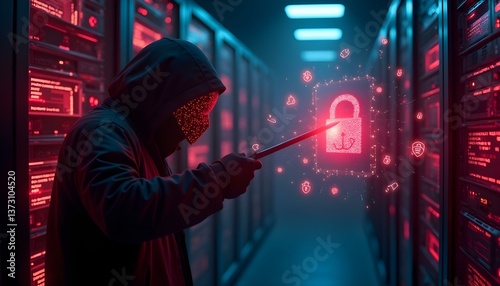 Shadowy hacker in a neon server room, manipulating glowing binary code and broken firewalls. Cybercrime concept with digital threat alerts in dark cyberpunk ambiance