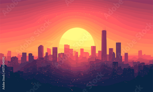 Vibrant sunset over city skyline with sunlight reflection, silhouette, landscape vector
