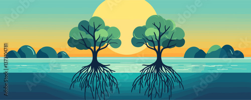 Sunset coastal trees with roots and ocean scene in vector art style