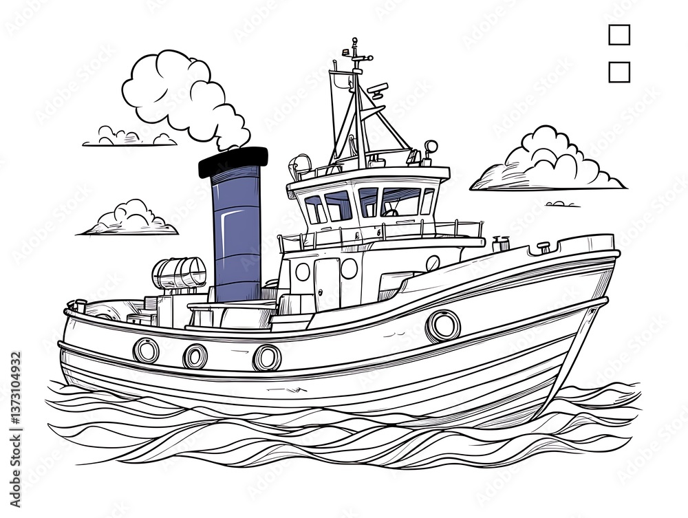 Obraz premium Coloring Page Tugboat Ocean