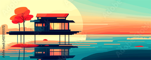 Modern stilt house at sunset on water with vibrant sky in vector