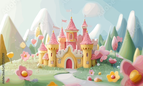 Whimsical fantasy castle in flowering meadow with mountains - vector