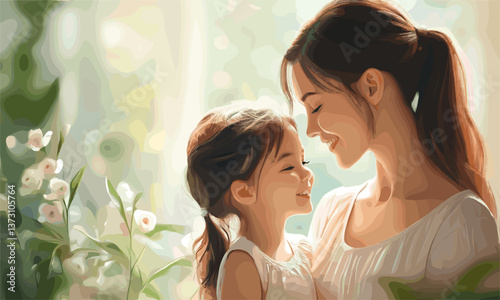 Obraz na płótnie Mother and daughter enjoying a tender moment together, surrounded by nature, vector w salonie