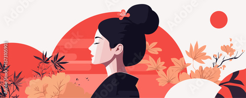 Elegant geisha with blossoms in profile over red sun, minimalist art vector