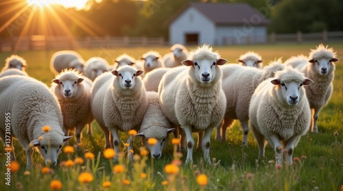 Flock of sheep grazing in a field at sunset, concept of farming, livestock