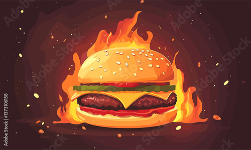 Flaming cheeseburger with lettuce and pickles on fire - vector